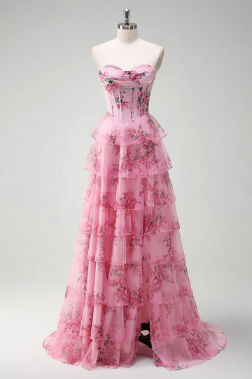 Blush Floral A Line Stropløs Korset Lagdelt Gallakjole